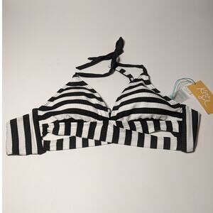 Kona Sol Swimsuit Faux Wrap Halter Bikini TopBlack White Stripe Small 4-6 Caged